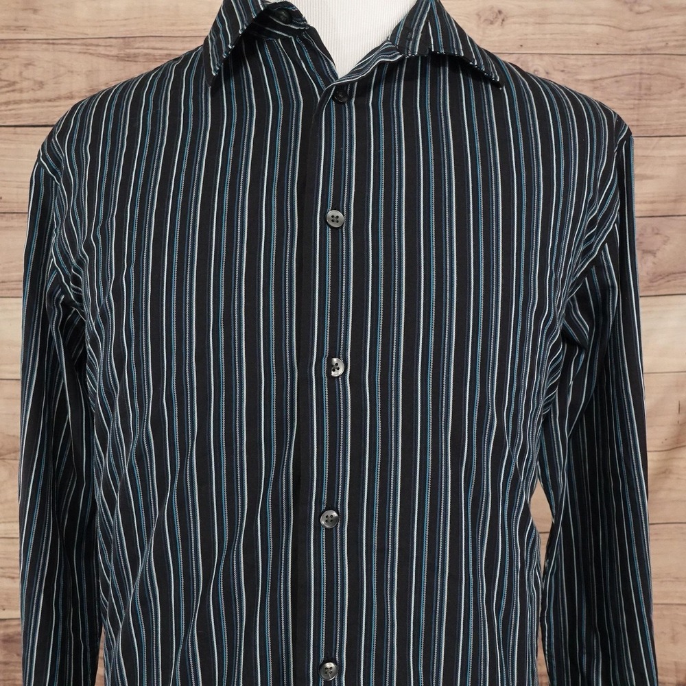 Van Heusen Shirt Mens L Black Stripe Long Sleeve Button-Up Cotton Blend Business